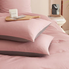 Plain Dyed Reversible Cotton Duvet Cover Set - Blush Pink / Grey