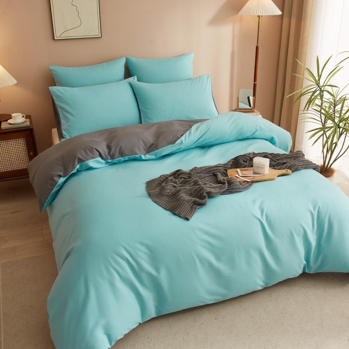 Plain Dyed Reversible Cotton Duvet Cover Set - Lake Blue / Grey