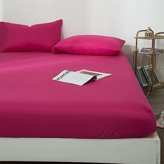 Cotton Fitted Bed Sheet with Pillows-Rose Red