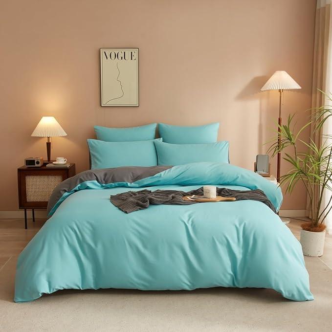 Plain Dyed Reversible Cotton Duvet Cover Set - Lake Blue / Grey