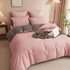 Plain Dyed Reversible Cotton Duvet Cover Set - Blush Pink / Grey