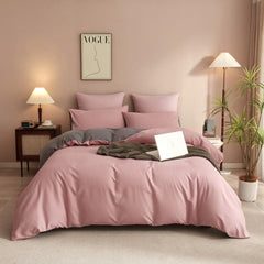 Plain Dyed Reversible Cotton Duvet Cover Set - Blush Pink / Grey