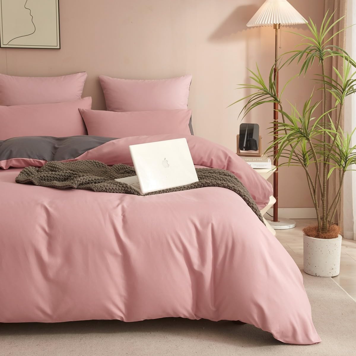 Plain Dyed Reversible Cotton Duvet Cover Set - Blush Pink / Grey