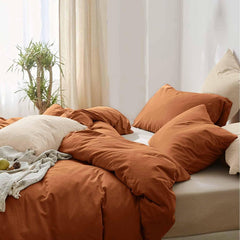 Plain Dyed Reversible Cotton Duvet Cover Set - Burnt Orange / Beige