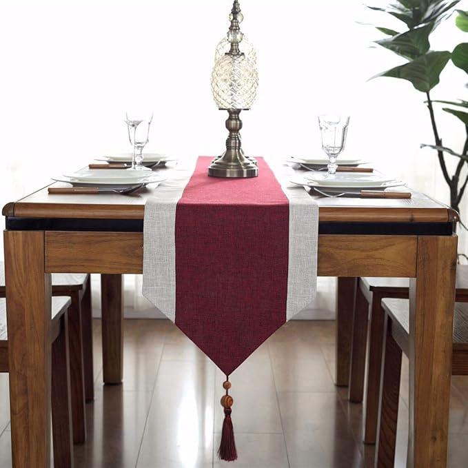 Jute Table Runner - Maroon & White