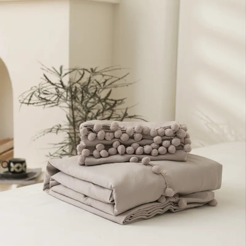 Vintage Boho PomPom Tassels Cotton Duvet Cover Set - Beige