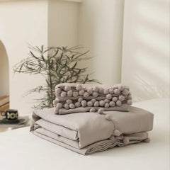 Vintage Boho PomPom Tassels Cotton Duvet Cover Set - Beige
