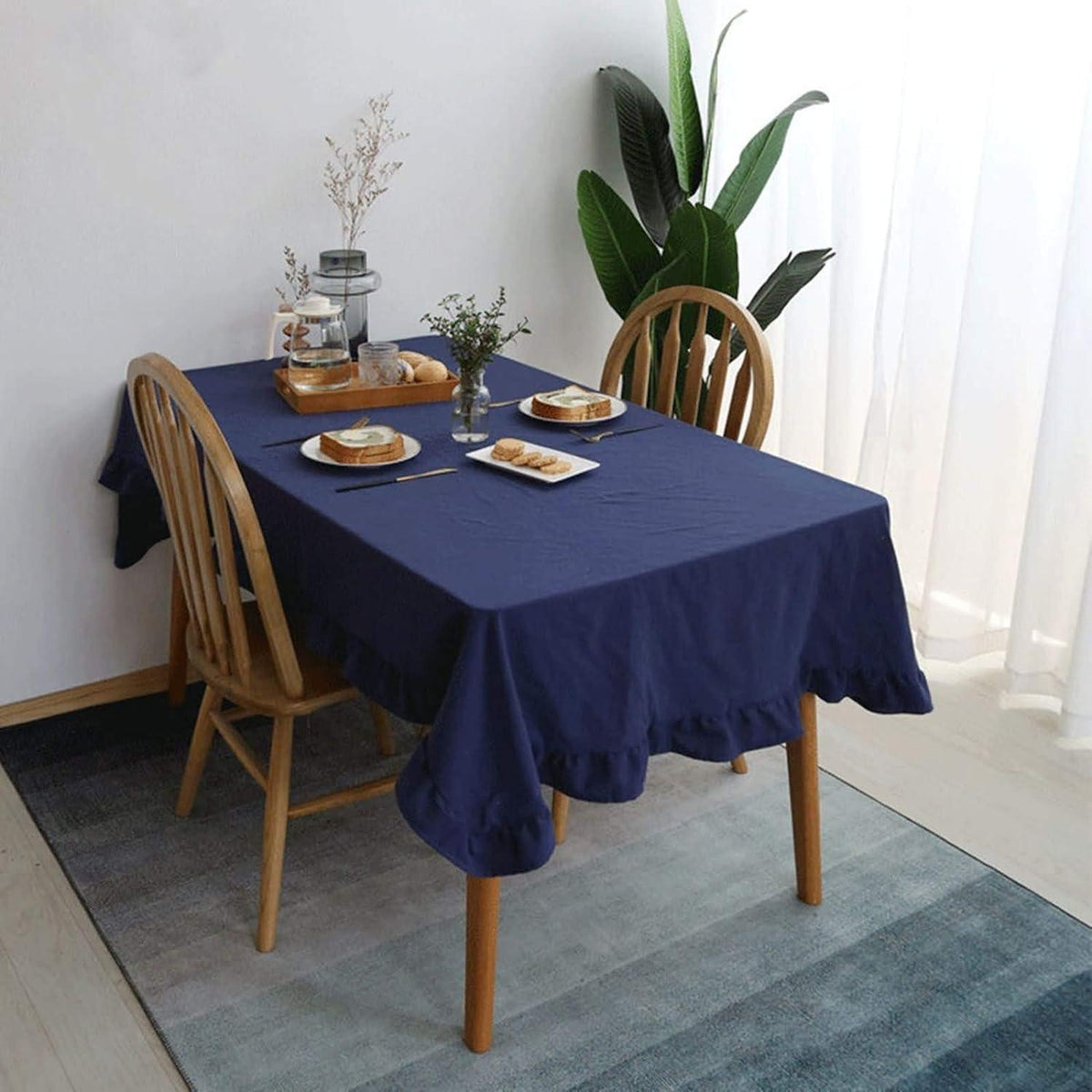 Flounce Stitching Cotton Table Covers-Navy Blue