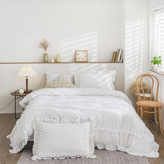 Luxury Cotton Satin Boho Pompom Duvet Cover Set-White