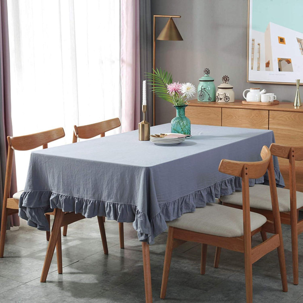 Flounce Stitching Cotton Table Covers-Blue