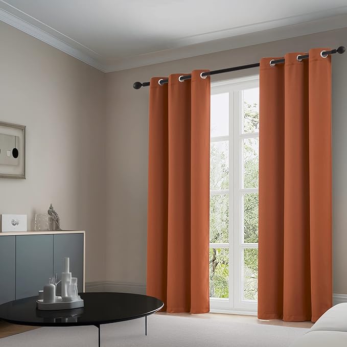 2Pc Plain Dyed Eyelet Curtains With Lining - Rust