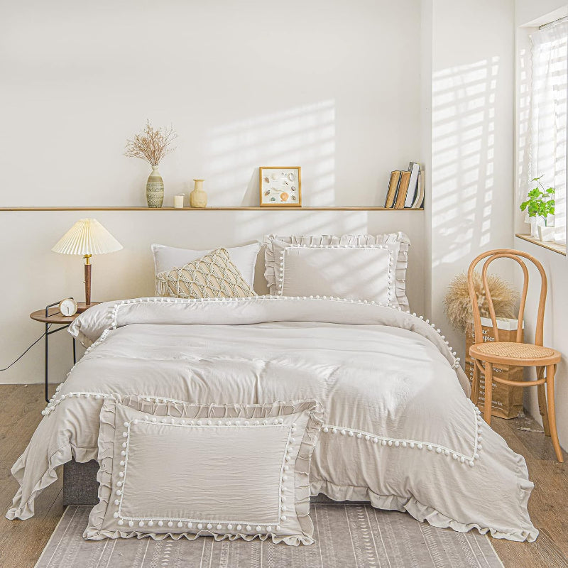 Luxury Cotton Satin Boho Pompom Duvet Cover Set-Beige
