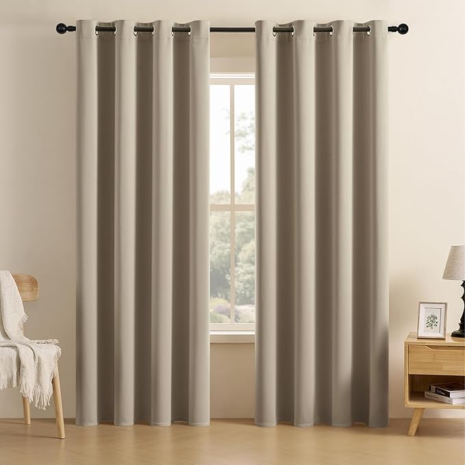 2Pc Plain Dyed Eyelet Curtains With Lining - Beige