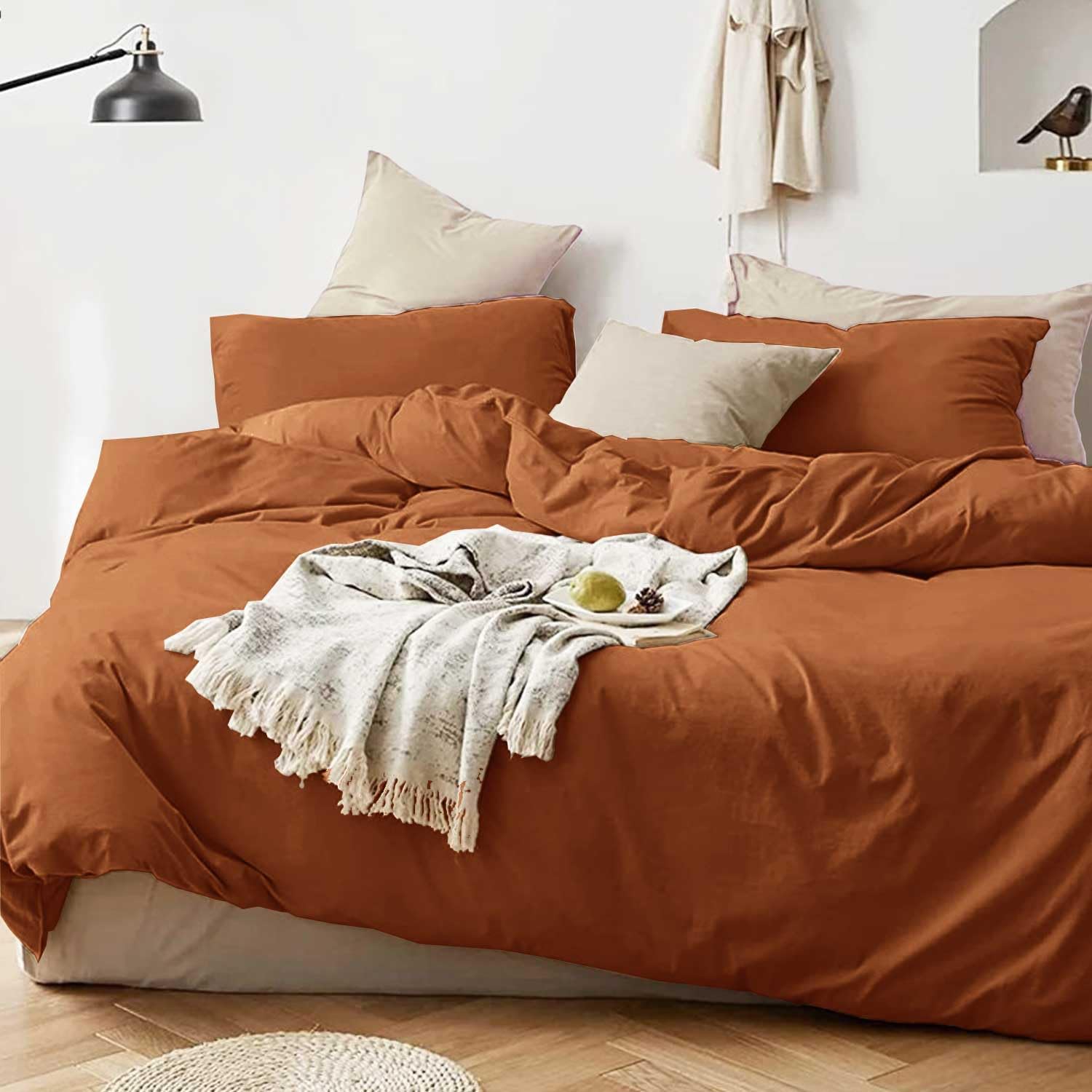 Plain Dyed Reversible Cotton Duvet Cover Set - Burnt Orange / Beige