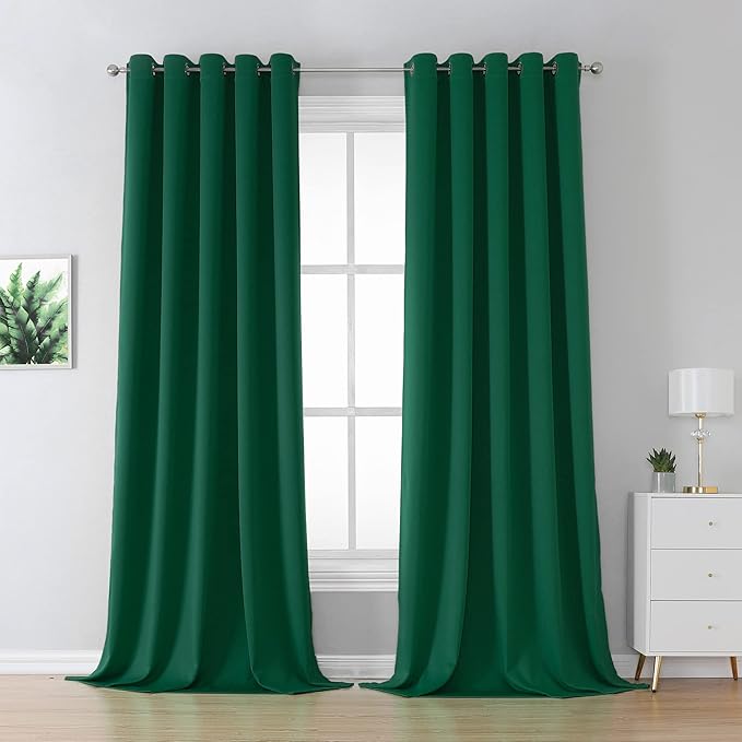 2Pc Plain Dyed Eyelet Curtains With Lining -  Dark Green