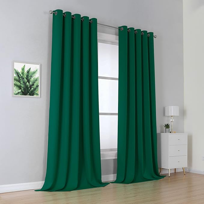 2Pc Plain Dyed Eyelet Curtains With Lining -  Dark Green