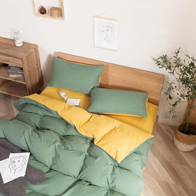 Plain Dyed Reversible Cotton Duvet Cover Set - Green/Yellow