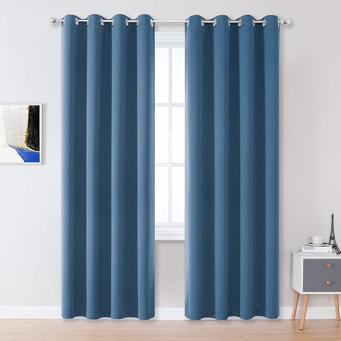 2Pc Plain Dyed Eyelet Curtains With Lining - Midnight Blue