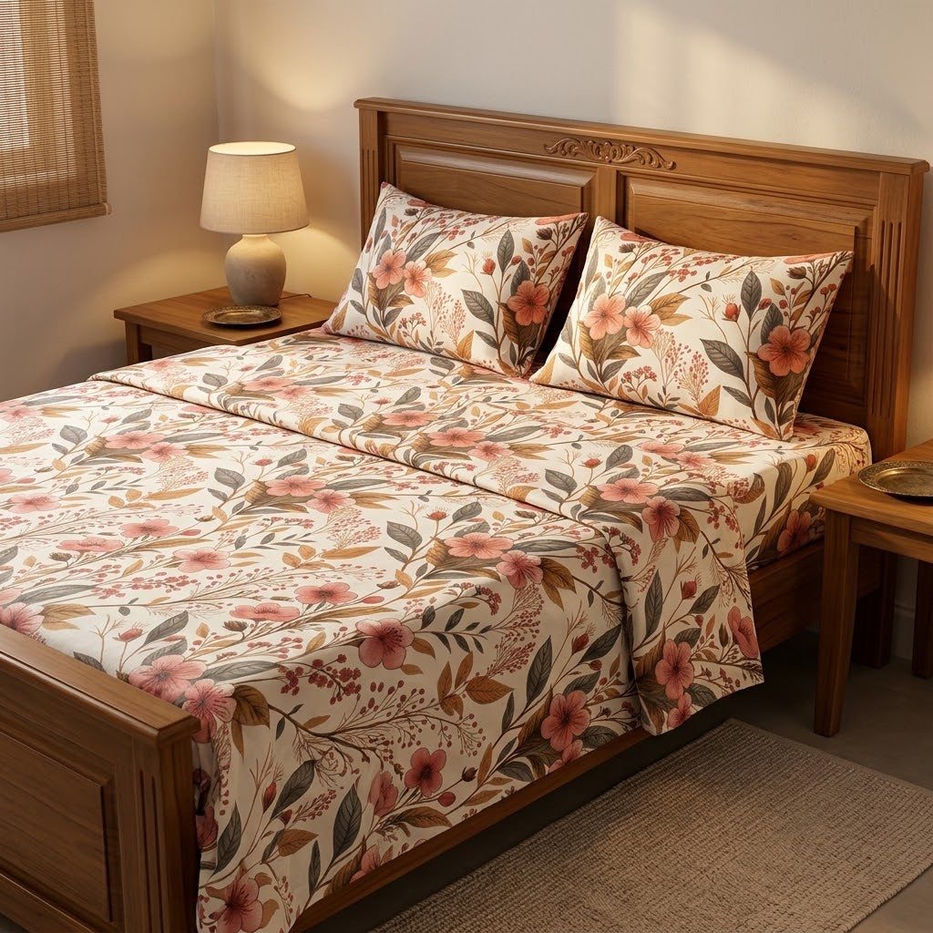 Imperial Flora - Printed Flat Sheet Set, Double Bed, 100% Cotton