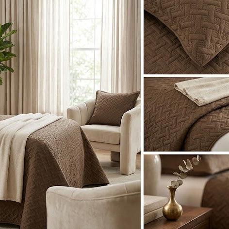3-Piece Quilted Bedspread Set- Brown