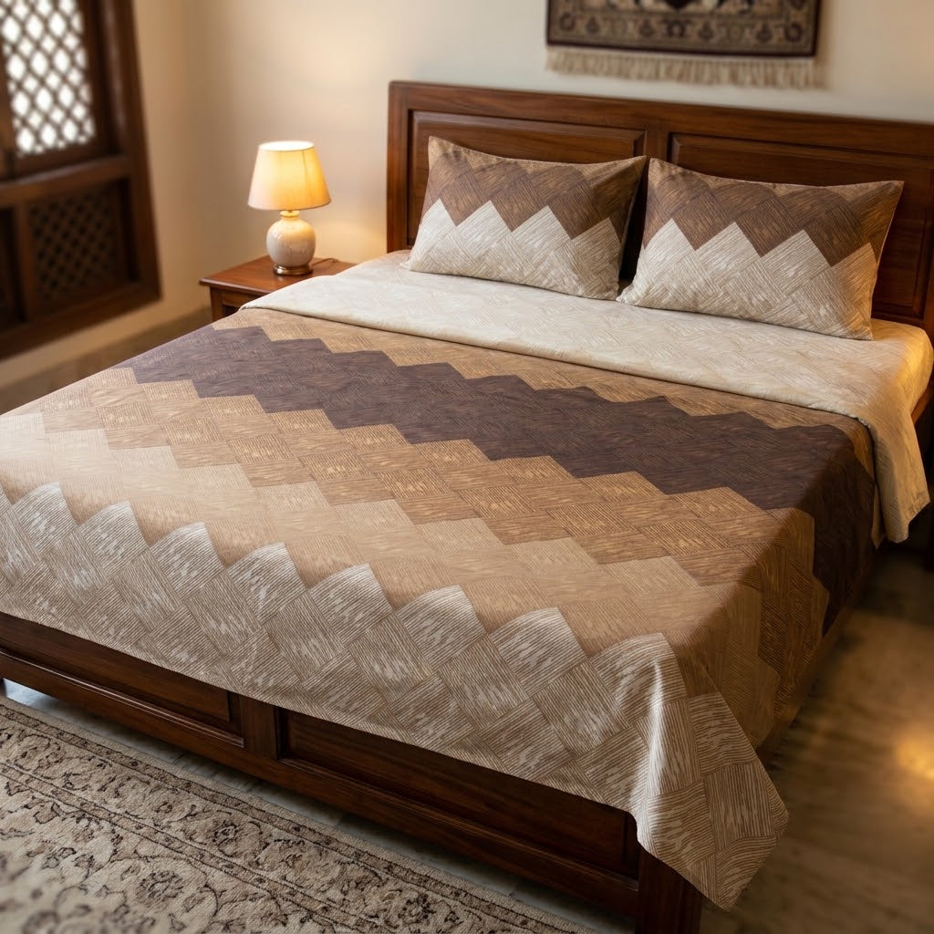 Espresso Beige Chevron - Printed Flat Sheet Set, Double Bed, 100% Cotton