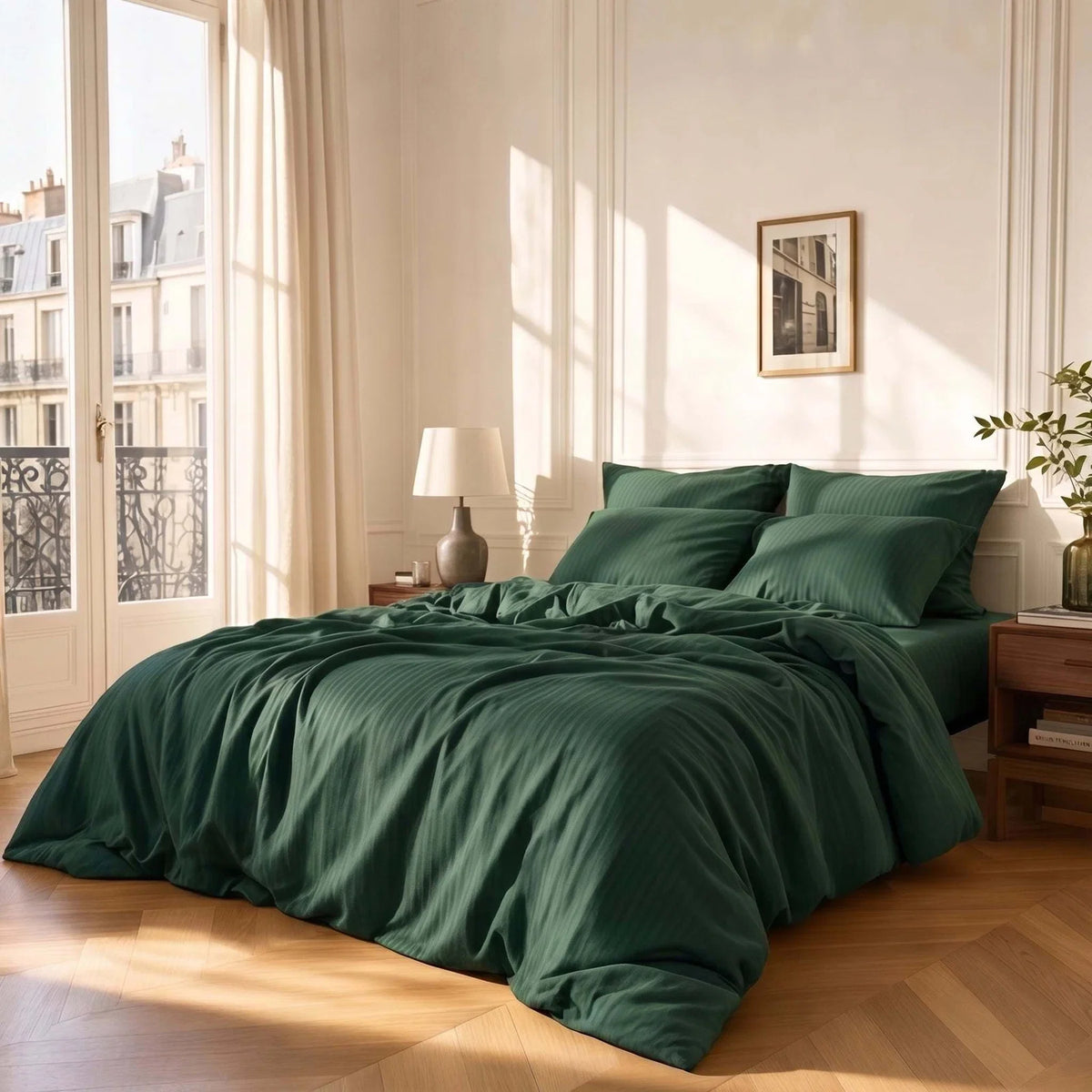 Satin Elegance Stripe Duvet Cover Set - Emerald Green
