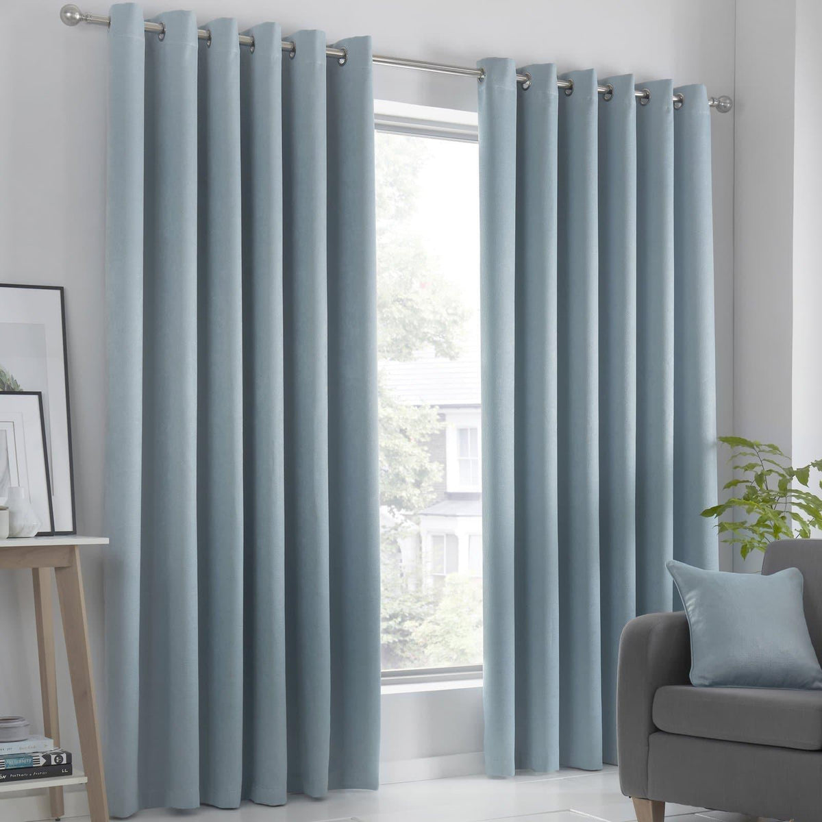 2Pc Plain Dyed Eyelet Curtains With Lining - Duck Egg