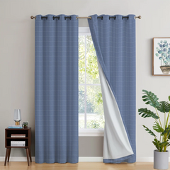 2Pc Waterproof Blackout Printed Curtains - Modern Vintage Blue Check