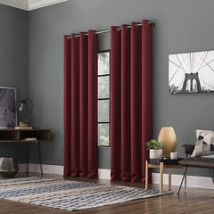 2Pc Plain Dyed Eyelet Curtains With Lining - Wine Red