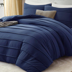 Minimal Pleated Cotton Duvet Cover Set - Blue