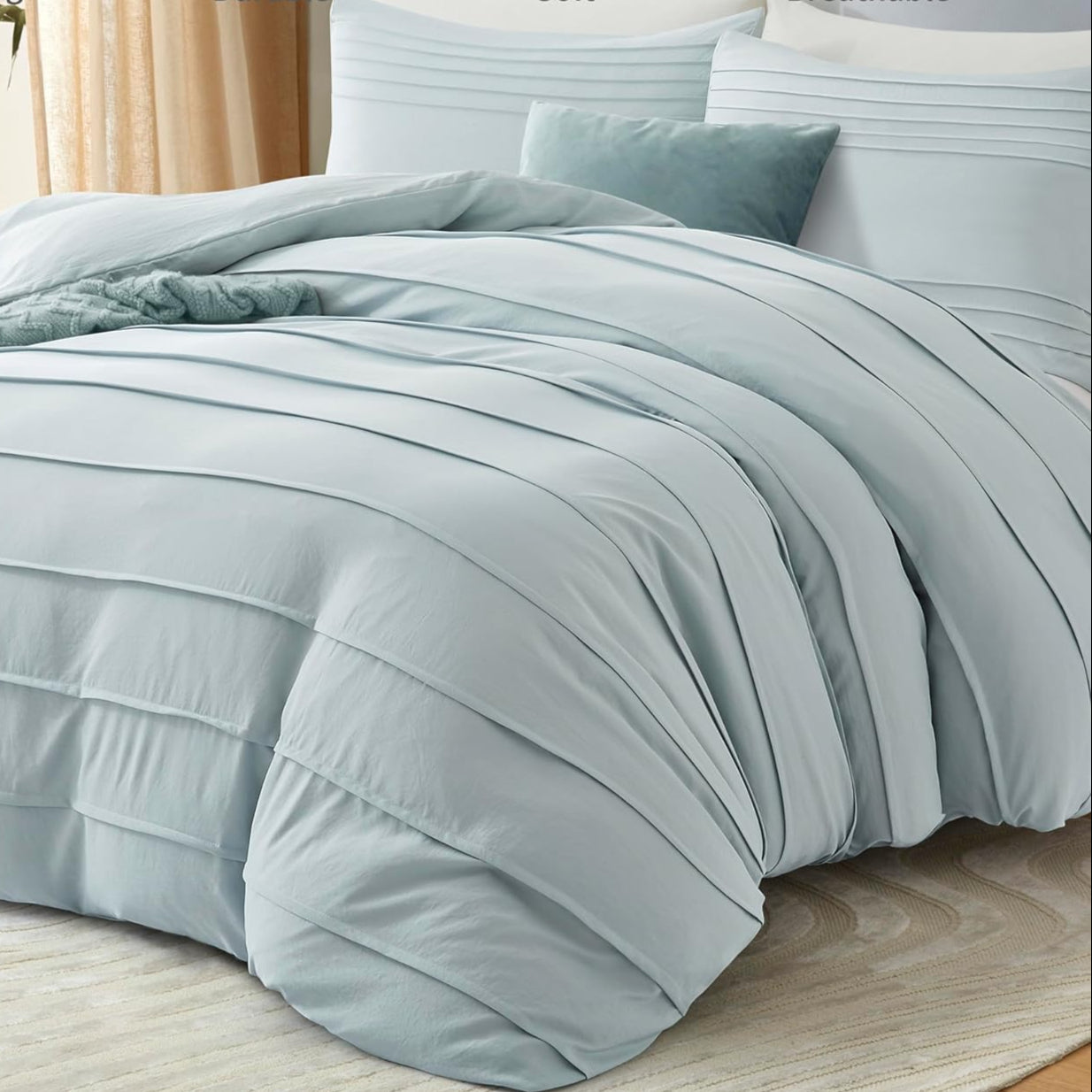 Minimal Pleated Cotton Duvet Cover Set - Baby Blue