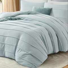 Minimal Pleated Cotton Duvet Cover Set - Baby Blue