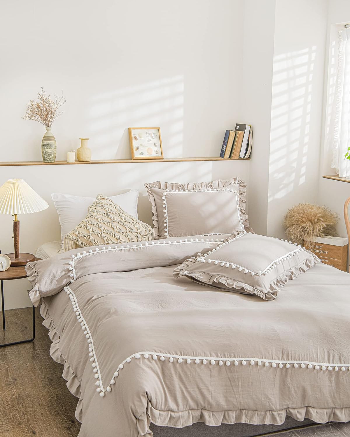 Luxury Cotton Satin Boho Pompom Duvet Cover Set-Taupe
