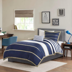 SPORTY BLUE with WHITE TAN STRIPE Hotel Style Cotton Satin Duvet Cover Set