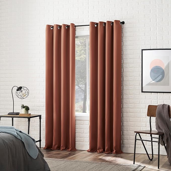 2Pc Plain Dyed Eyelet Curtains With Lining - Terracotta Orange