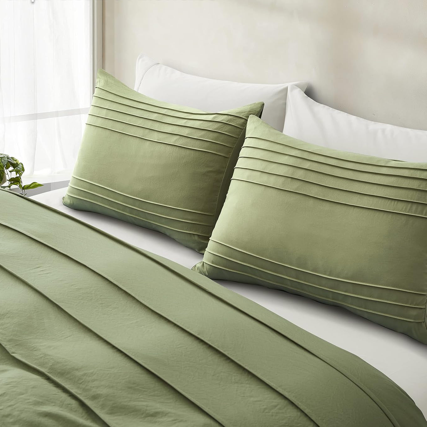 Minimal Pleated Cotton Duvet Cover Set - Olive Green