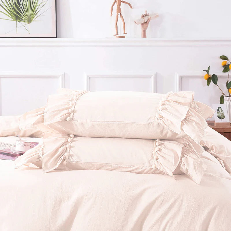 Vintage Boho Pom-Fringe Ruffled Cotton Duvet Cover Set-Ivory