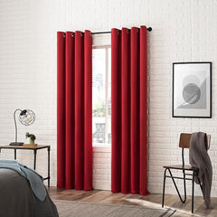 2Pc Plain Dyed Eyelet Curtains With Lining - Red