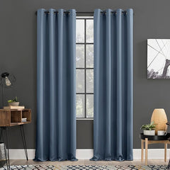 2Pc Plain Dyed Eyelet Curtains With Lining - Denim Blue