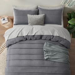 Minimal Pleated Cotton Duvet Cover Set - Dark Grey