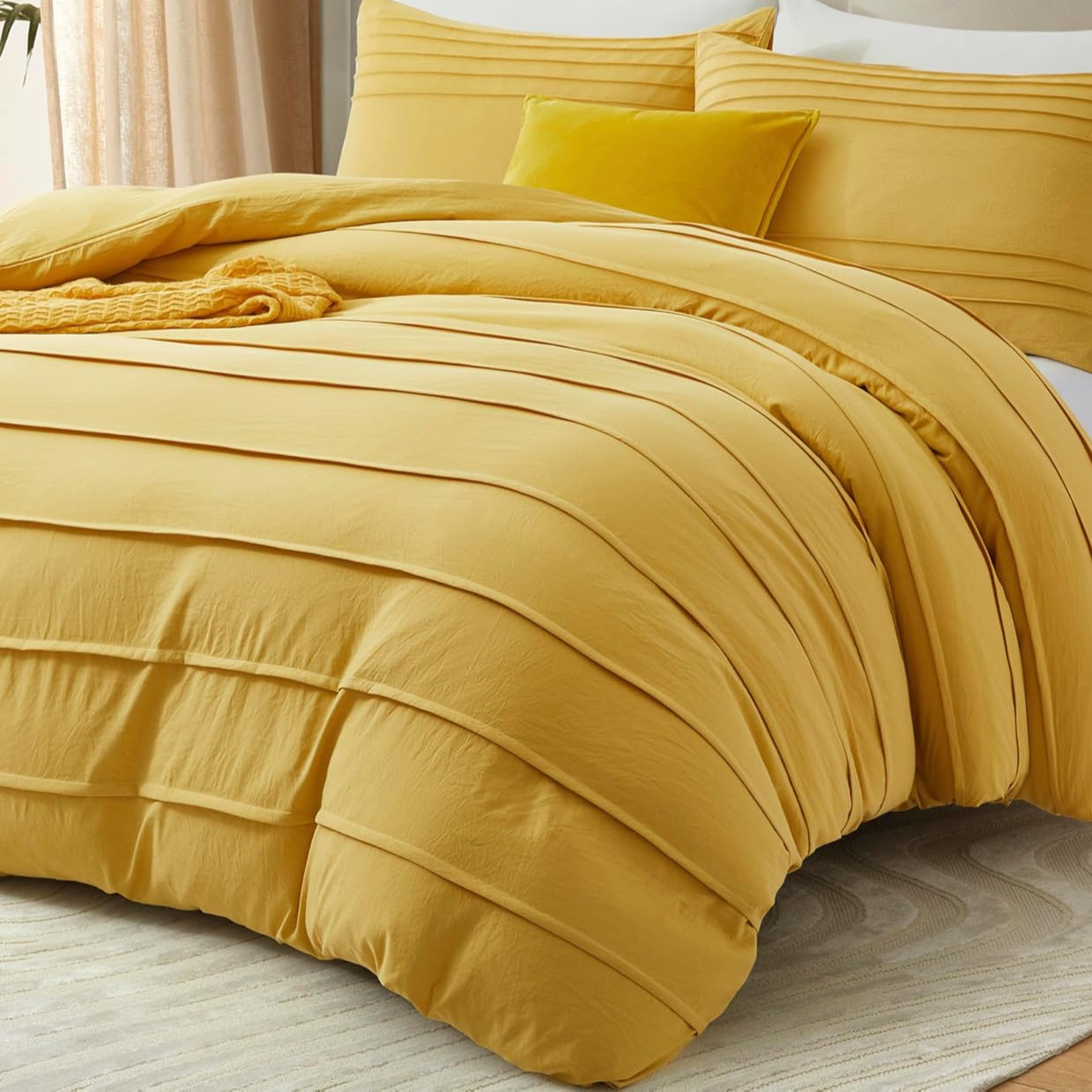 Minimal Pleated Cotton Duvet Cover Set - Mist Yellow
