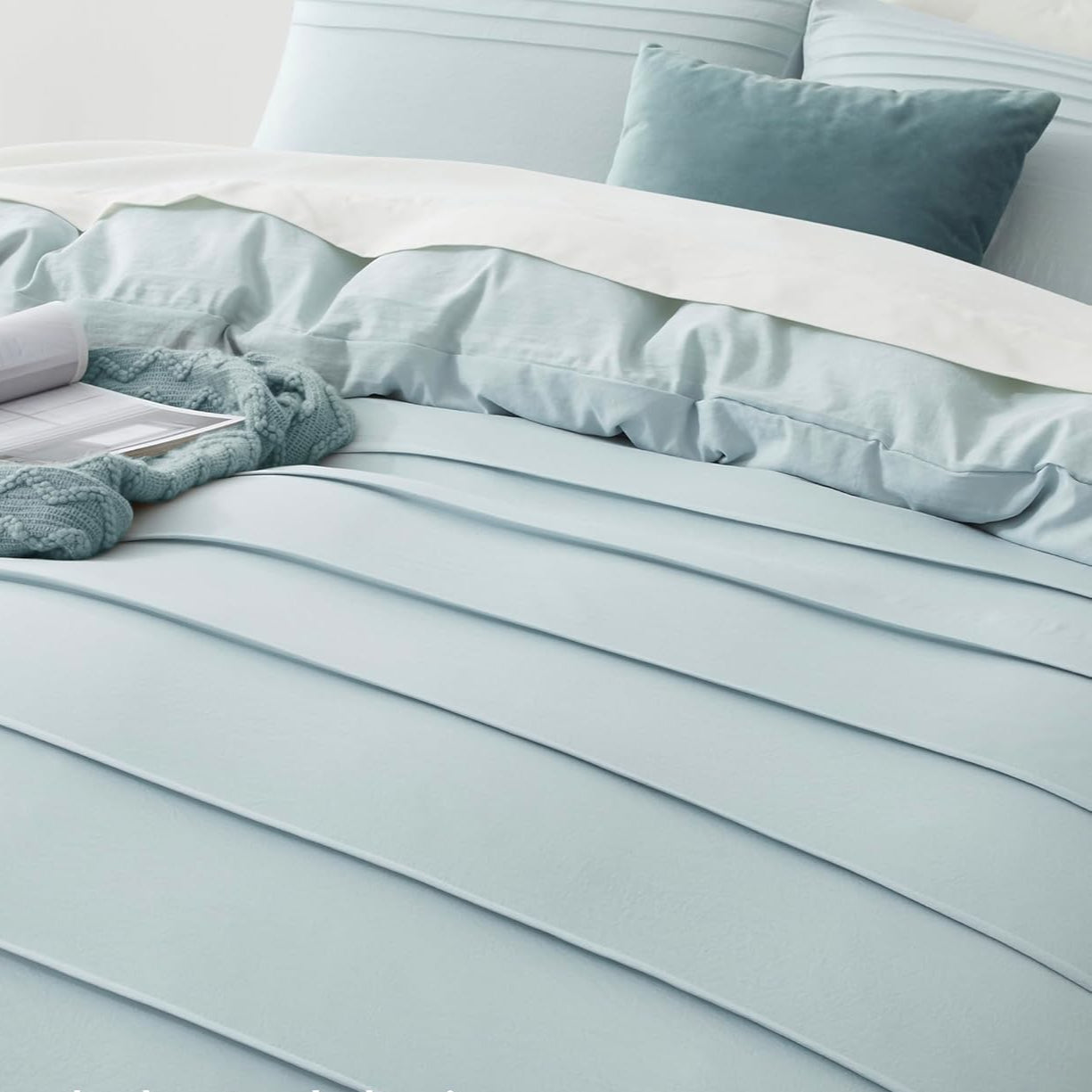 Minimal Pleated Cotton Duvet Cover Set - Baby Blue