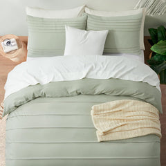 Minimal Pleated Cotton Duvet Cover Set - Mist Sage