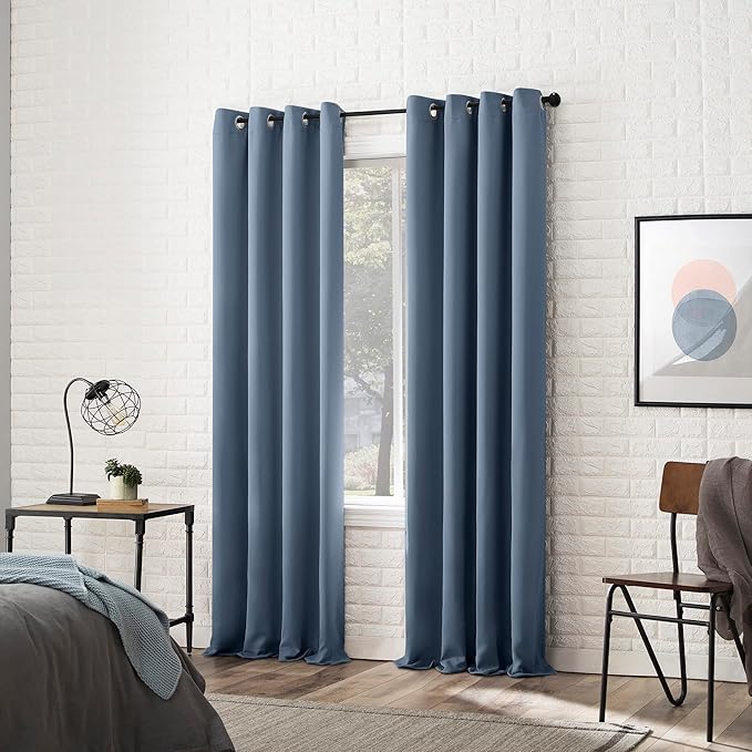 2Pc Plain Dyed Eyelet Curtains With Lining - Denim Blue