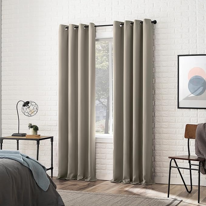 2Pc Plain Dyed Eyelet Curtains With Lining - Stone Beige