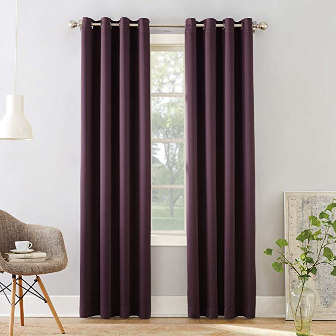 2Pc Plain Dyed Eyelet Curtains With Lining - Purple