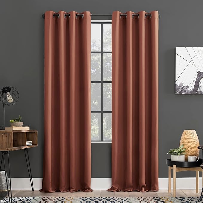 2Pc Plain Dyed Eyelet Curtains With Lining - Terracotta Orange