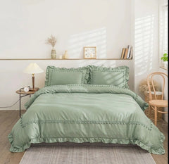 Luxury Cotton Satin Boho Pompom Duvet Cover Set-Green