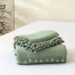 Vintage Boho PomPom Tassels Cotton Duvet Cover Set - Sage Green