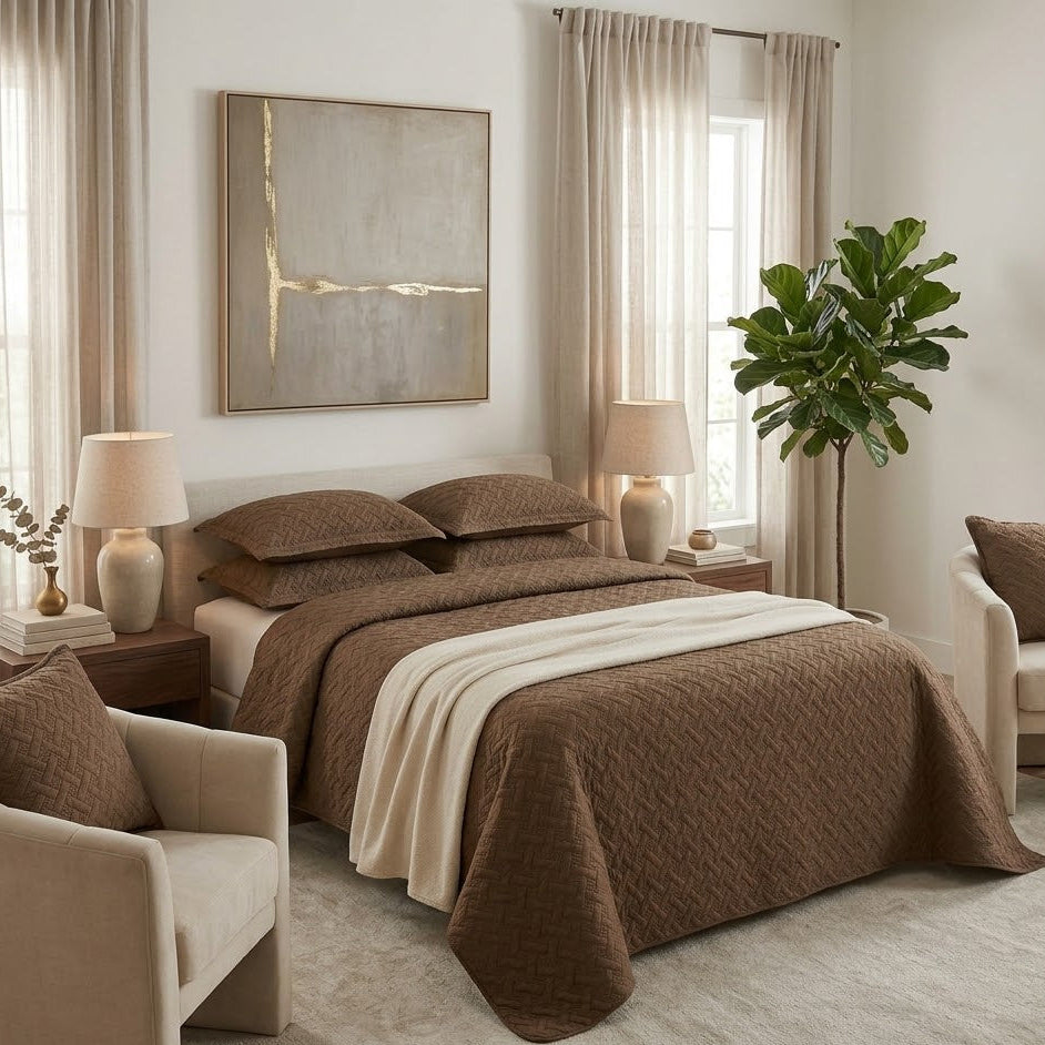 3-Piece Quilted Bedspread Set- Brown